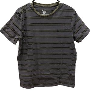 Volcom Shirt Adult Medium Gray Green Striped Logo Crew Neck Casual Mens